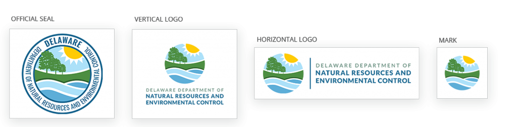 The Delaware Department of Natural Resources and Environmental Control all logos are in view, the official seal, vertical logo, horizontal logo, and the logo mark.