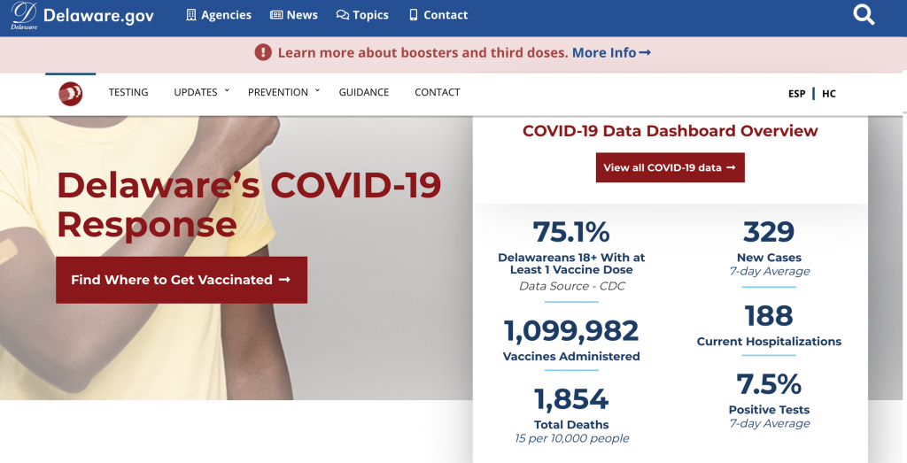 State of Delaware's Coronavirus website homepage. A man wearing a bandaid on his arm after being vaccinated, call to action to find where to get vaccinated and daily reporting numbers. 