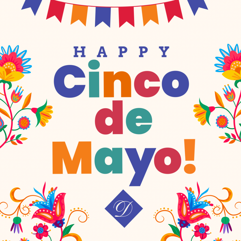Happy Cinco de Mayo social media graphic with bright color and celebratory banner and vibrant flowers. 
