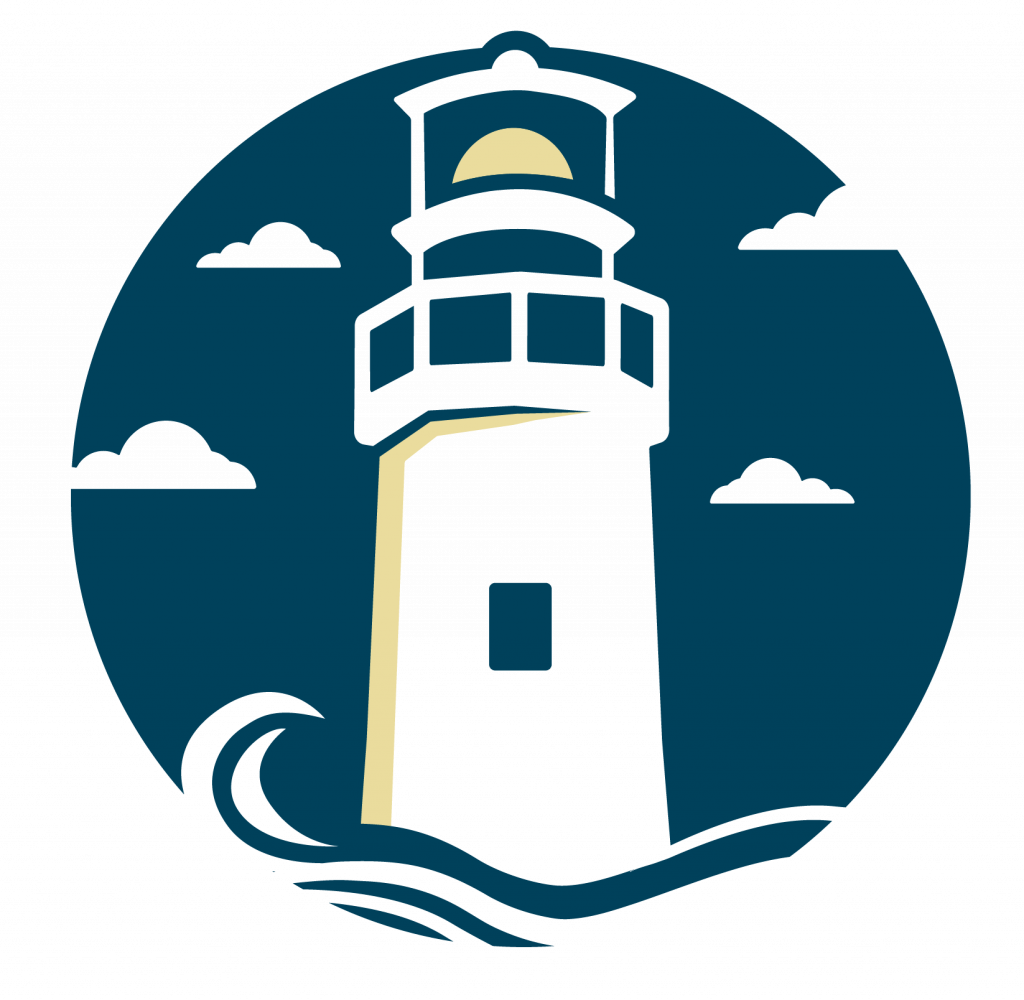 Illustration of a Lighthouse, waves below it and clouds in the sky.