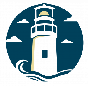 Illustration of a Lighthouse, waves below it and clouds in the sky. 