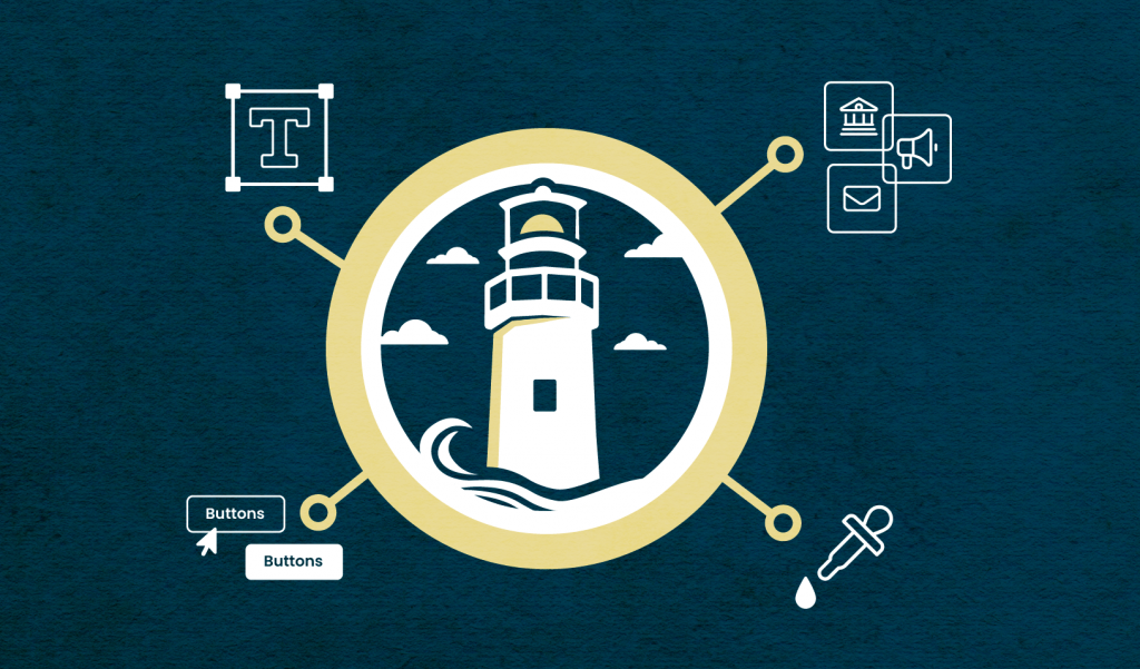 An illustrative graphic of a Delaware Lighthouse and some components that make up the Lighthouse Design system such as typography, curated accessible color palettes, buttons and more! 