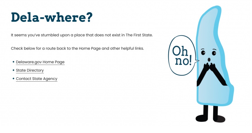 Image of new 404 error page with text "Dela-where?"