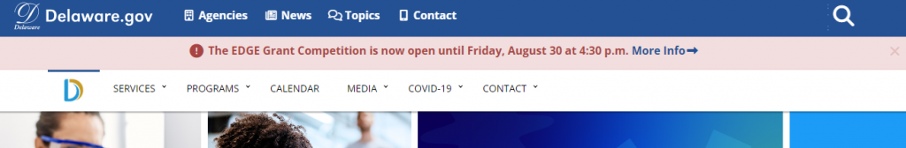 Image of a current Delaware state agency website alert notification banner