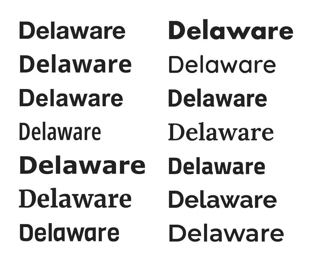 Many examples of the word Delaware spelled out with different text fonts