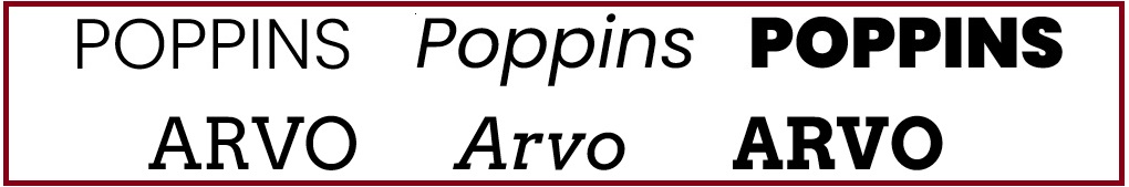 The words Poppins and Arvo, displayed in their respective fonts in standard, italic and bold