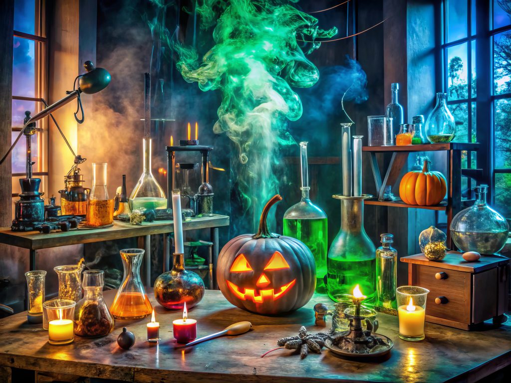 A scientist's laboratory with beakers and vials of liquid on a table next to a carved jack o lantern pumpkin. 