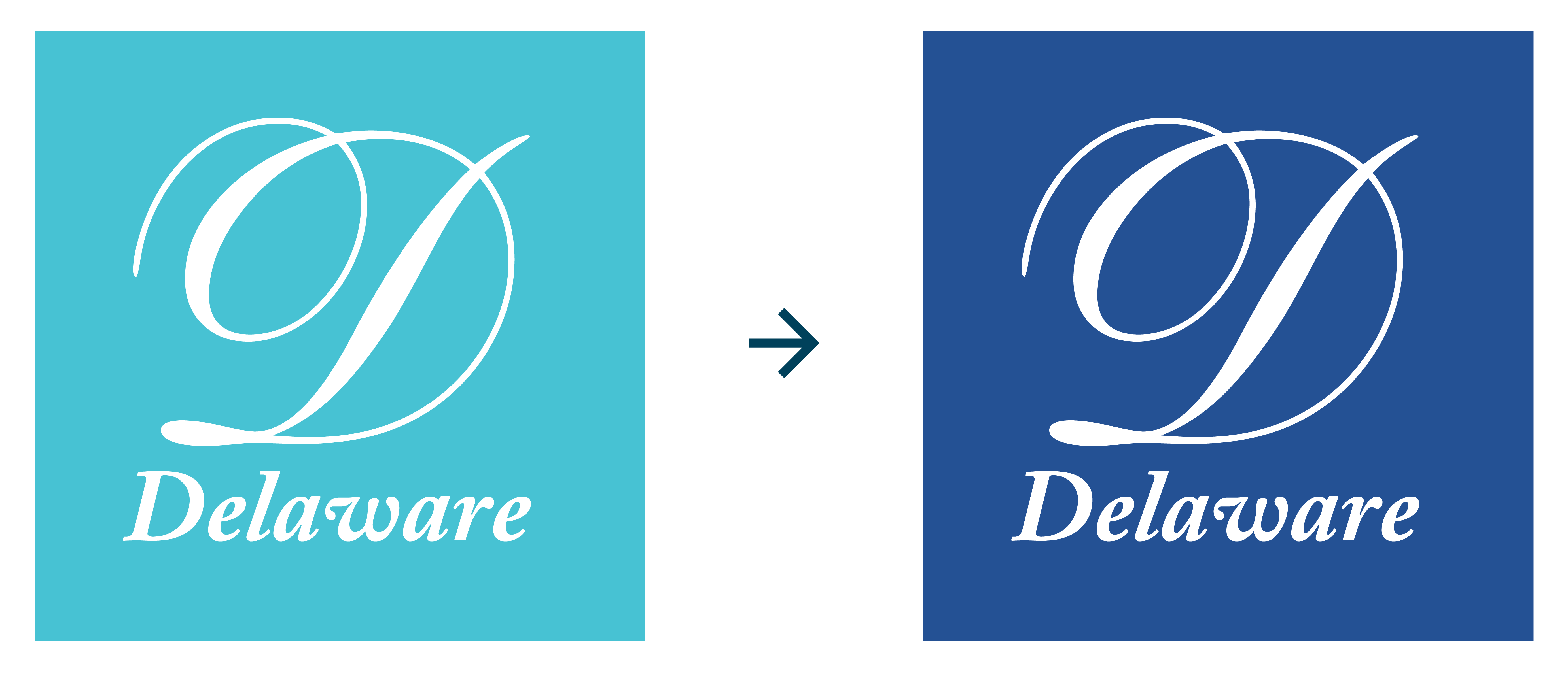 An example of the older Delaware logo in the color teal, with an arrow pointing to the same logo in the current color of blue.