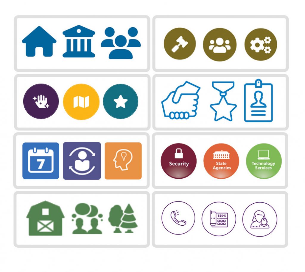 Groups of graphic icons used in different state websites to show the wide range of styles.