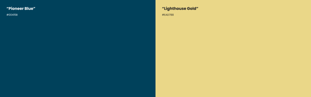 Side by side color samples of Pioneer Blue and Lighthouse Gold colors. The Pioneer Blue hex code is #00415B and the Lighthouse Gold hex code is #EAD788