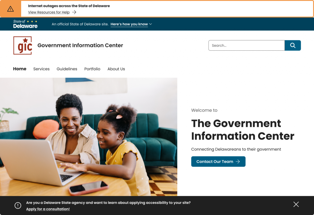 A full screen image of a Delaware state agency website with an orange alert bar at the top and a black agency alert bar at the bottom