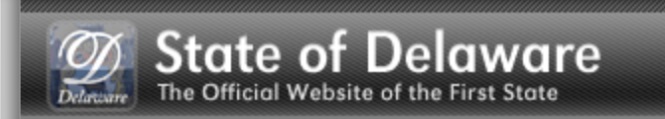 A Delaware state website logo from 2012, with the cursive D, a small word Delaware beneath it, next to the text State of Delaware, The Official Website of the First State. The cursive D is over top of a color pattern that makes it hard to read.