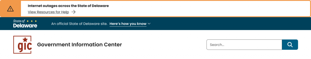 New emergency notification banner in orange at the top of a Delaware state agency website