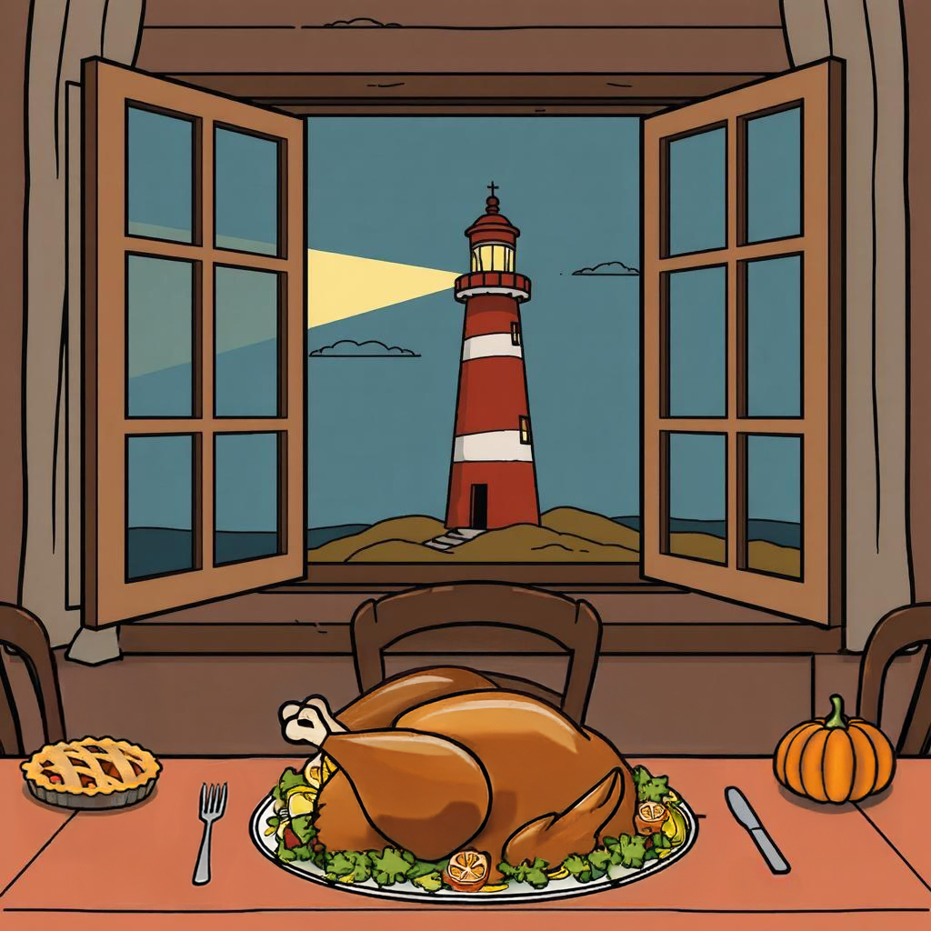 A Thanksgiving dinner on a table in front of an open window with a Lighthouse shining in the distance.