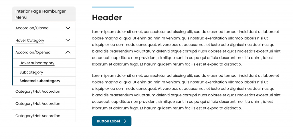 Web page mockup with a header, text content, and a sidebar menu showing navigation options.