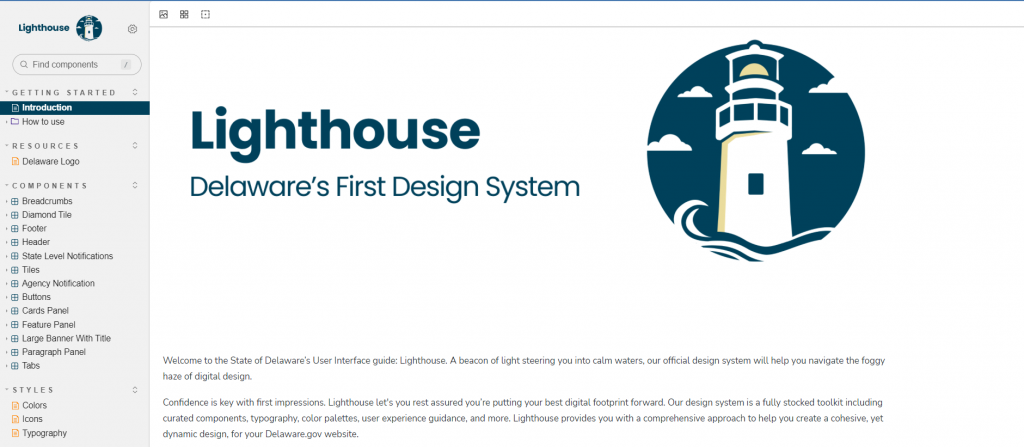 A screenshot with the title Lighthouse: Delaware's First Design System