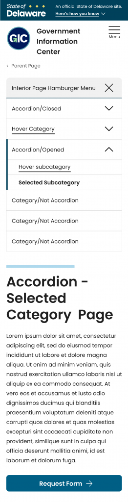 Screenshot of a mobile website menu interface with accordion-style navigation elements.