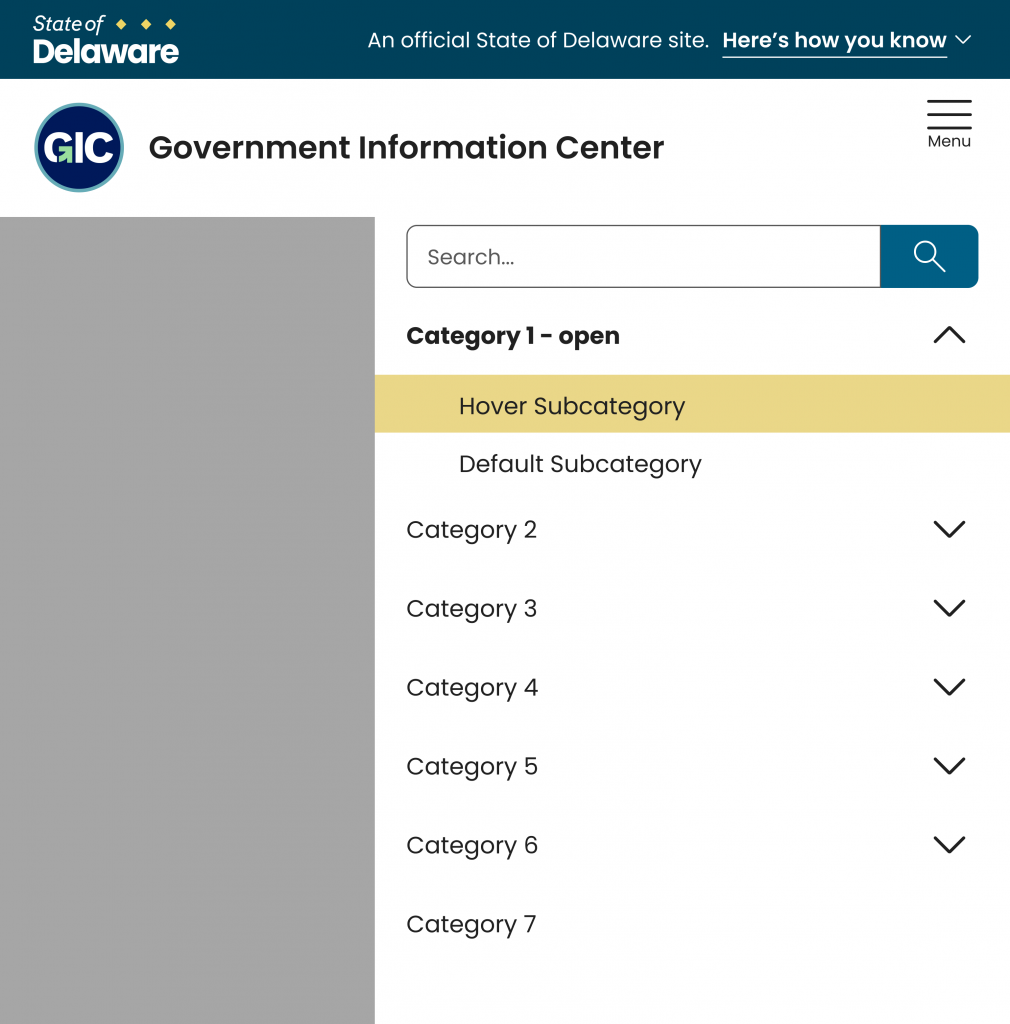 A government information center webpage with a search bar. Category list with options to expand, currently showing Category 1, Hover Subcategory, and Default Subcategory.