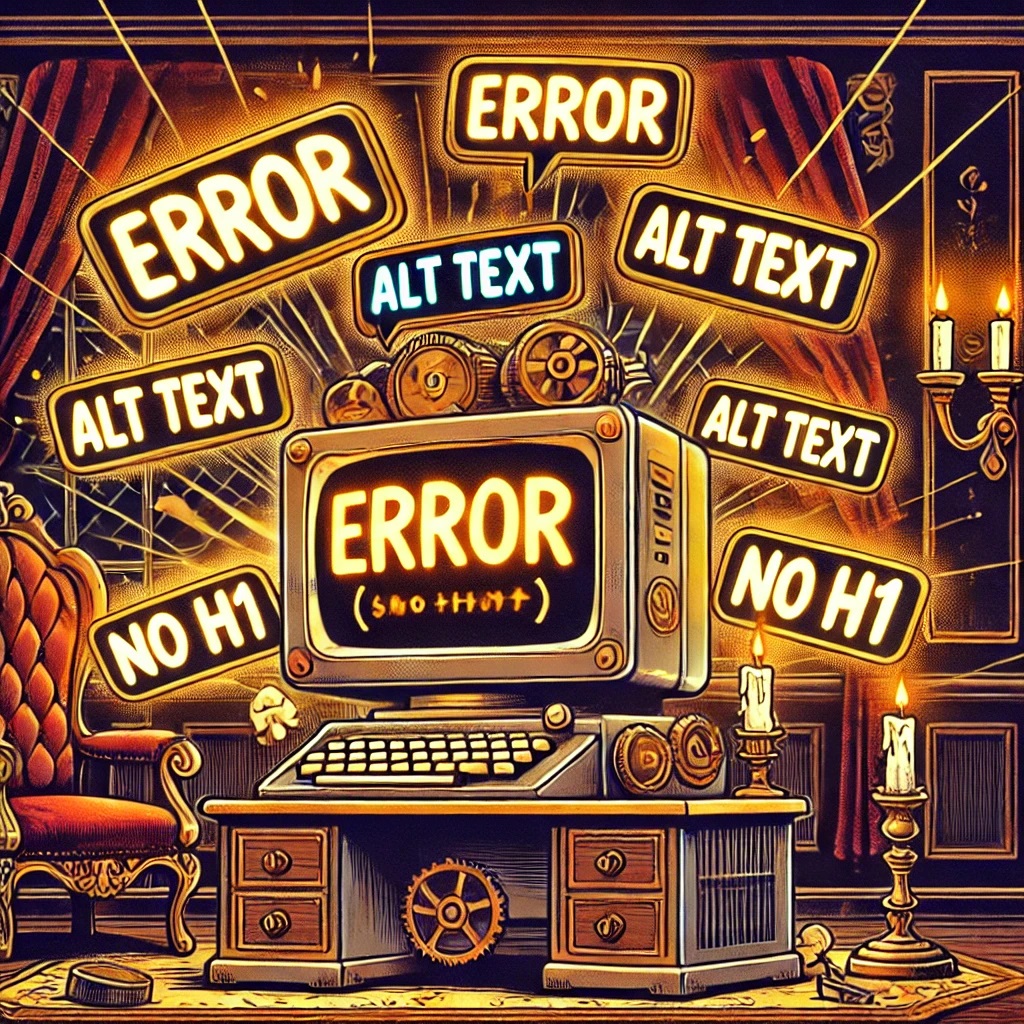 A dark room with a computer showing the word ERROR on its screen, surrounded by words like ERROR, ALT TEXT and NO H1.