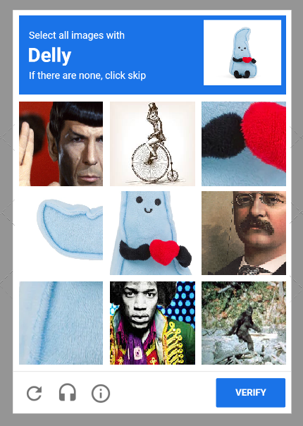 A mock captcha security test featuring images of Delly with a random selection of other images