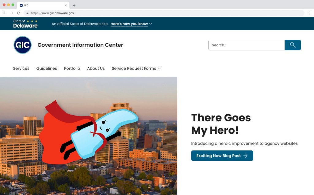 Screenshot of the GIC website homepage, featuring a cartoon character named Delly, who is flying over Wilmington with a superhero cape