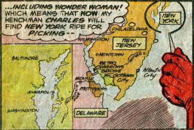 Cartoon panel showing a map of Maryland, Delaware and New Jersey, with the fictional cities of Metropolis drawn into Delaware and Gotham City drawn onto New Jersey