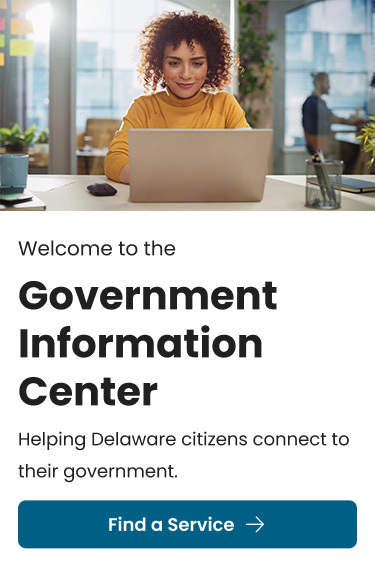 A screenshot of a mobile hero section featuring an image of a woman at a computer and the words Welcome to the Government Information Center