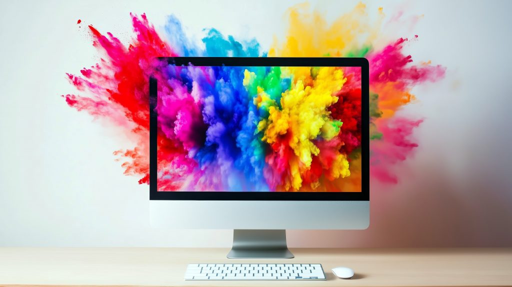 A representational image showing a computer screen bursting with an explosion of colors signifying exciting new content.