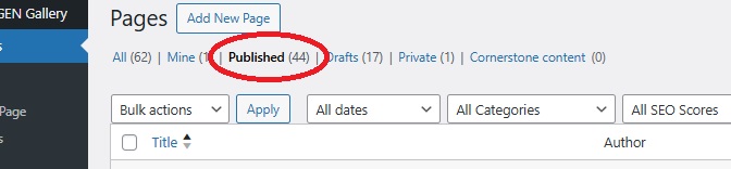 A screenshot showing one of the Pages menus in WordPress. A red circle highlights the word Published with the number 44 next to it.