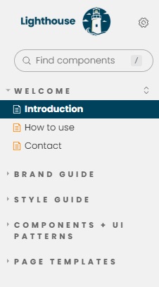Left Storybook index bar, showing categories Welcome, Brand Guide, Style Guide, Components and U.I. patterns and Page Templates.