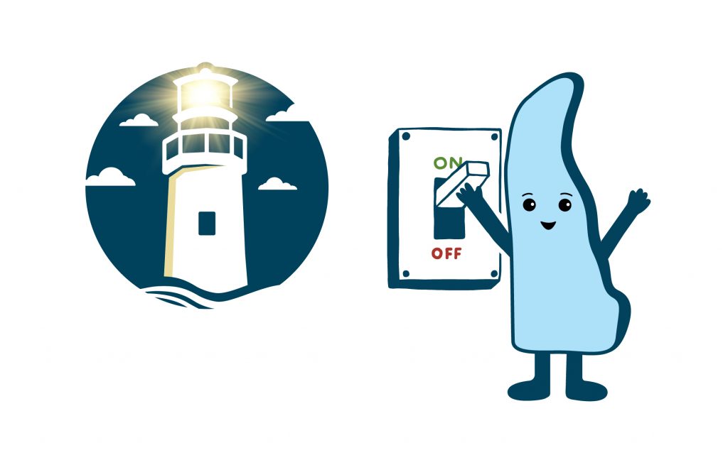 An image showing the Delaware-shaped cartoon character Delly flipping a switch next to a Lighthouse, whose light has now been activated