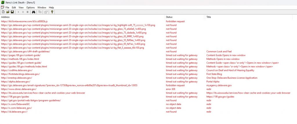 A list of 30 URLs from the GIC website that are listed in red as broken links.