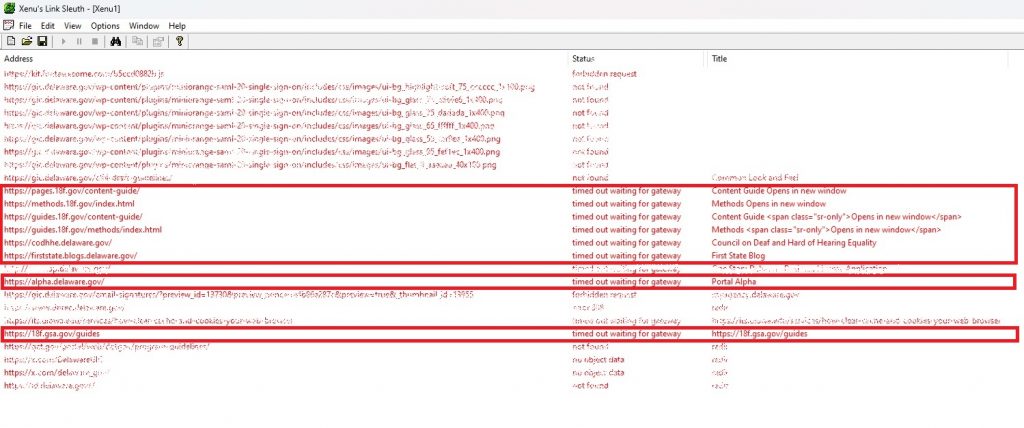 An updated list of broken link URLs that has only a few highlighted in red