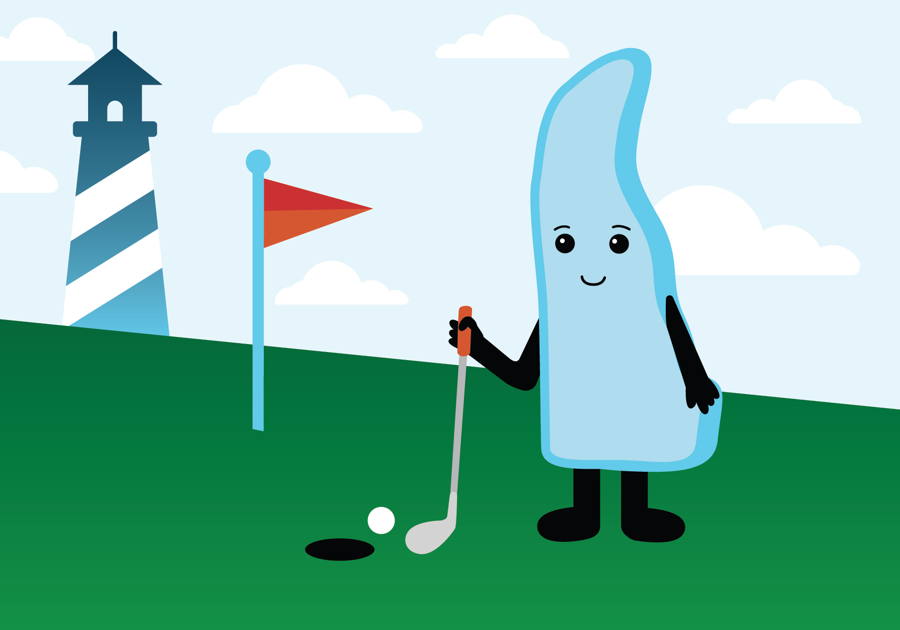 Cartoon character shaped like the state of Delaware holding a golf club next to a hole and pin with a Lighthouse in the background.