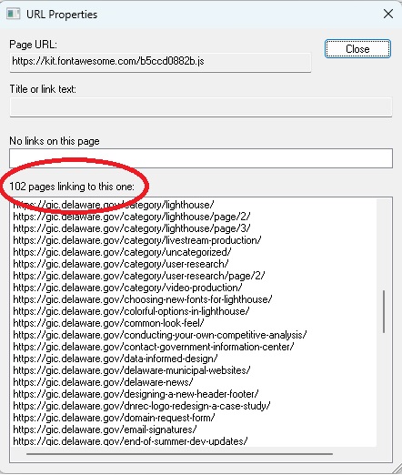 A screenshot from the Xenu report with the words 102 Links circled in red for emphasis