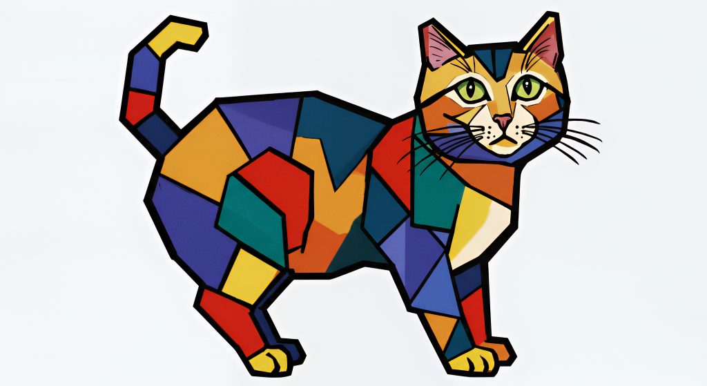 A painting of a cat with cubist style unrealistic angles and patches of dramatic color.