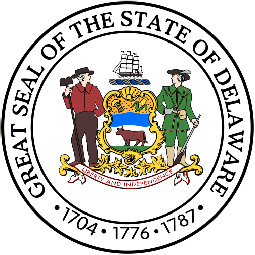 The Great Seal of the State of Delaware, featuring two men, a ship, and a coat of arms with a cow, surrounded by the text "GREAT SEAL OF THE STATE OF DELAWARE" and the years "1704, 1776, 1787."