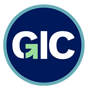 Government Information Center Logo, the letters GIC in a blue circle with a green arrow symbolizing progress.