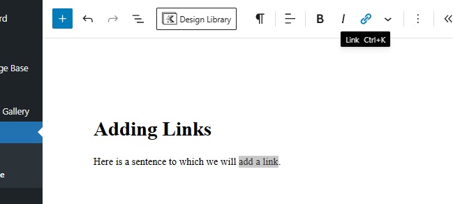 A screenshot of the WordPress editor with a section of text highlighted and the link icon activated.