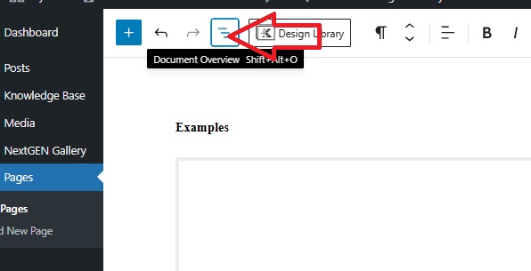 Screenshot of a WordPress block editor with a red arrow pointing out a Document Overview icon in the top toolbar.