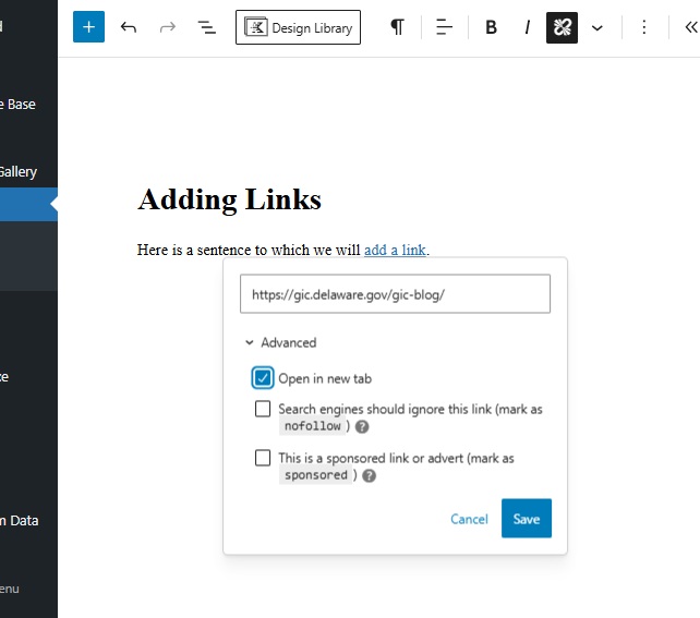 A screenshot of the WordPress editor with a section of text highlighted and a dropdown menu beneath it with the option "Open link in new tab" checked.