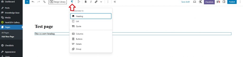 A screenshot of the WordPress block editor showing a red arrow pointing to the Paragraph icon in the top toolbar. There is a dropdown menu with the first option titled Heading selected.