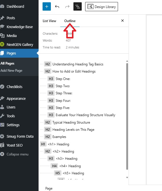 Screenshot of a WordPress block editor with a red arrow pointing out the word Outline. There is a menu of headings open beneath it.