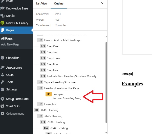 Screenshot of a WordPress block editor Outline, with a list of H1 through H6 headings. One of the items in the list is a different color, with the text beneath it "Incorrect heading level".