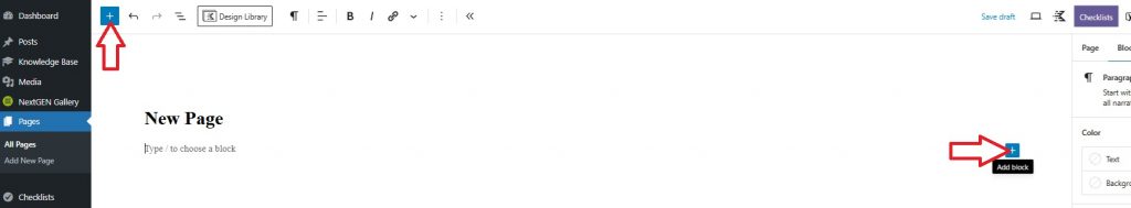 A screenshot of the WordPress dashboard with red arrows pointing to the two plus signs that allow the user to add a new content block.