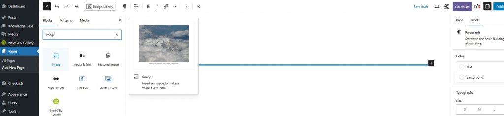 A screenshot of the WordPress dashboard showing the menu selected with the word Image entered into a search field