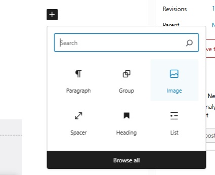 A screenshot of the WordPress dashboard showing the arrow to the right having been selected and the word Image typed into the search field.