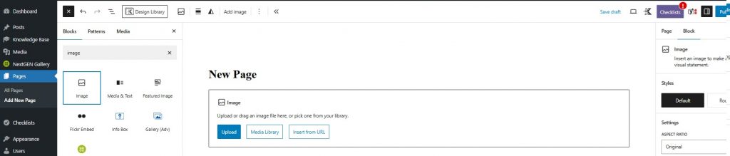 Screenshot of WordPress dashboard showing a box with options Upload, Media Library, and Insert from URL.