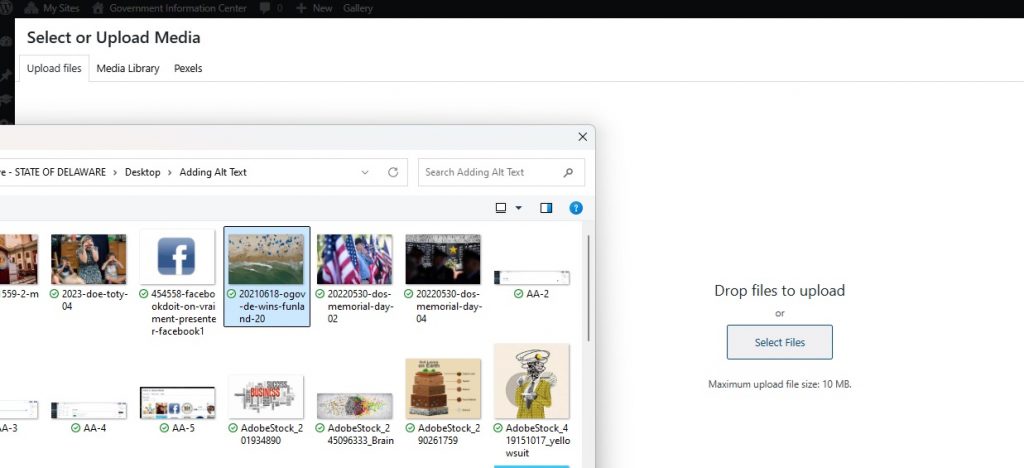 A screenshot of the WordPress dashboard with Select or Upload Media window open, and a thumbnail image has been selected from a desktop folder.