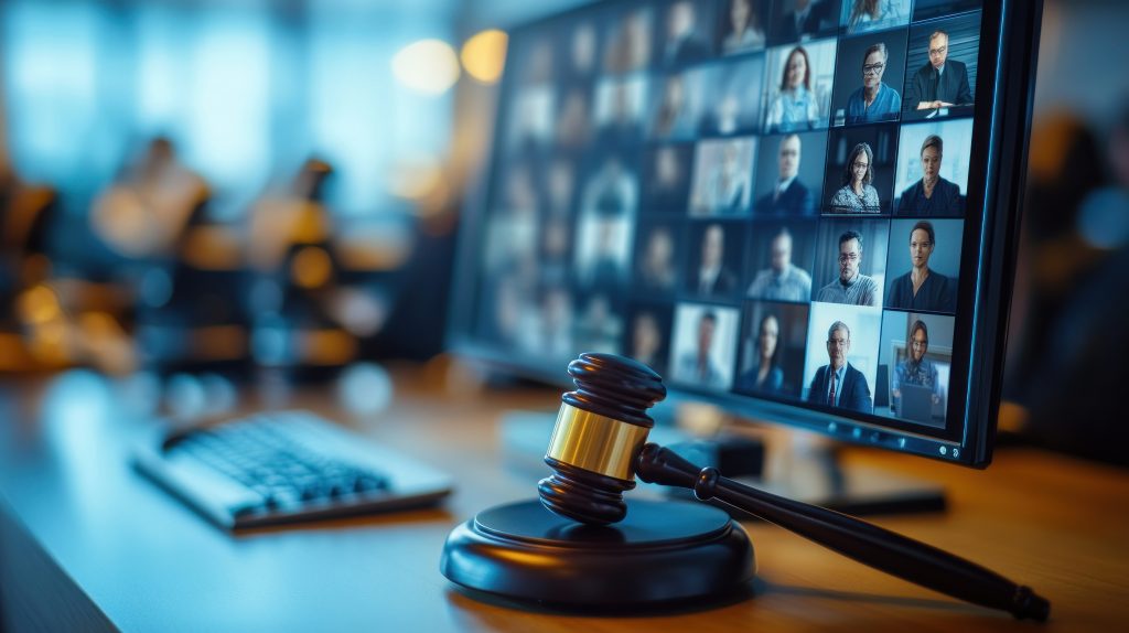 Gavel and computer next to a screen showing a virtual meeting.